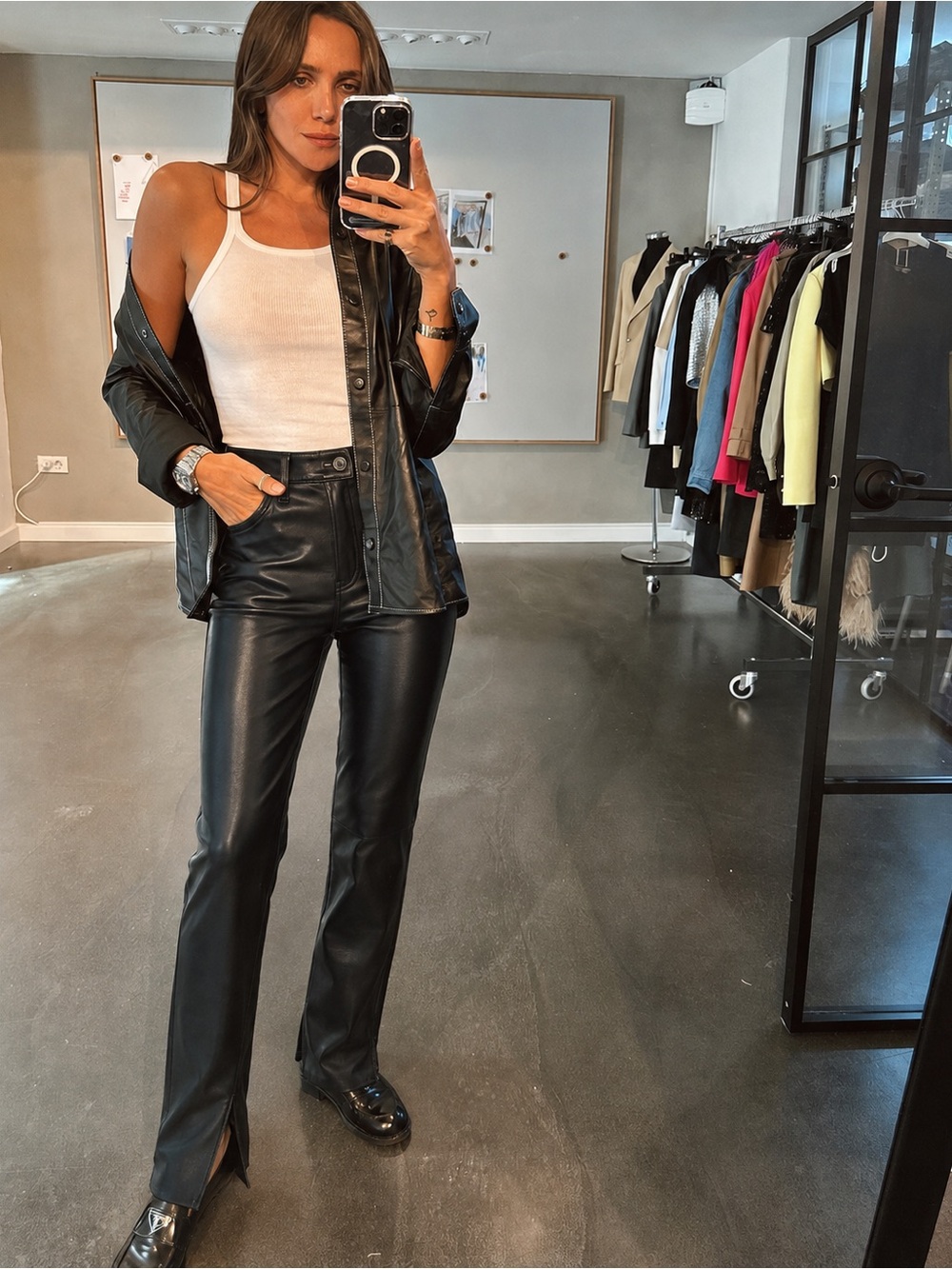 Zara Black Faux Leather High Rise Front Slit Straight Leg Pants Size 4